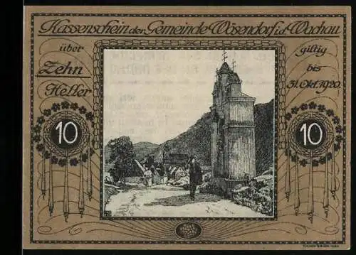 Notgeld Wösendorf 1920, 10 Heller, Dorfszene mit Kirche und Bergen