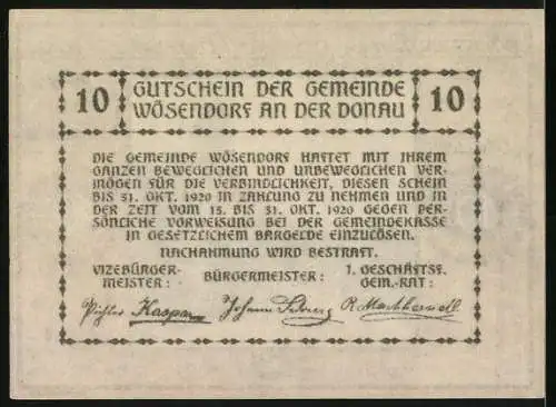 Notgeld Wösendorf 1920, 10 Heller, Dorfszene mit Kirche und Bergen