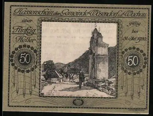 Notgeld Wösendorf 1920, 50 Heller, Dorfstrasse mit Kirchturm und Landschaft