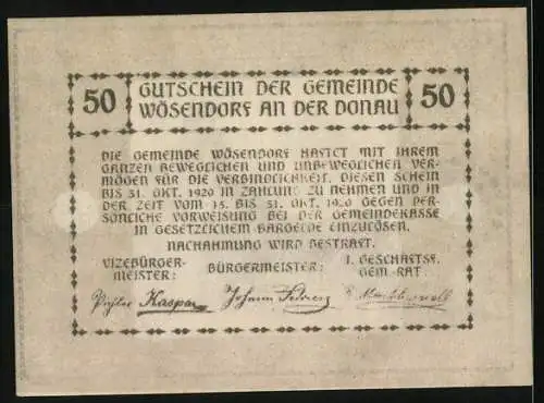 Notgeld Wösendorf 1920, 50 Heller, Dorfstrasse mit Kirchturm und Landschaft