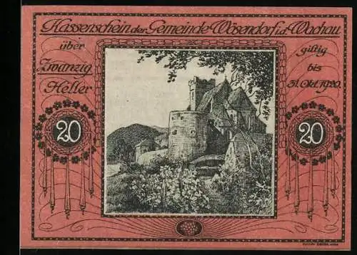 Notgeld Wösendorf 1920, 20 Heller, Burgruine in malerischer Landschaft