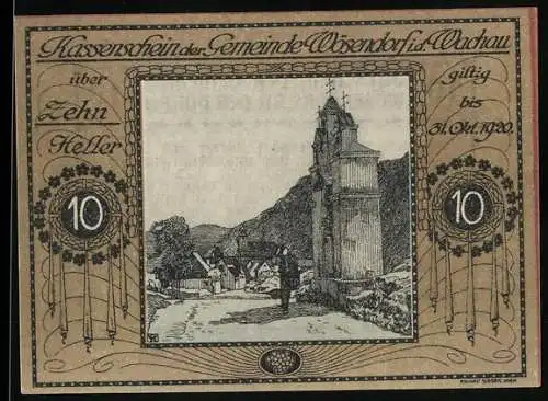 Notgeld Wösendorf 1920, 10 Heller, malerische Dorfansicht mit Kirchenruine