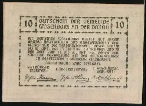 Notgeld Wösendorf 1920, 10 Heller, malerische Dorfansicht mit Kirchenruine