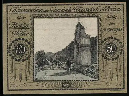 Notgeld Wösendorf 1920, 50 Heller, Landschaft mit Turm und Dorfansicht