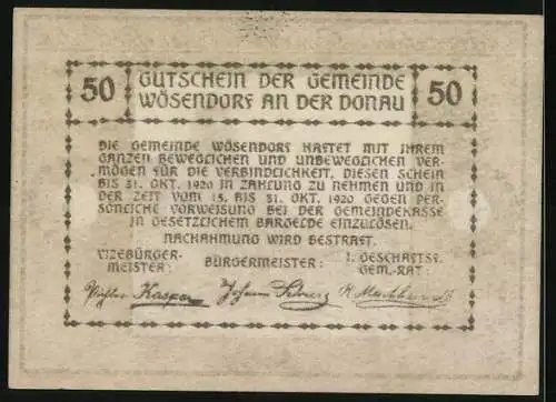 Notgeld Wösendorf 1920, 50 Heller, Landschaft mit Turm und Dorfansicht