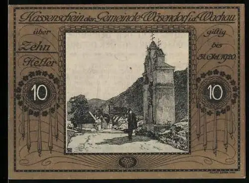 Notgeld Wösendorf 1920, 10 Heller, Landschaft mit Turm und Dorfansicht