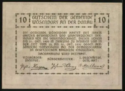 Notgeld Wösendorf 1920, 10 Heller, Landschaft mit Turm und Dorfansicht