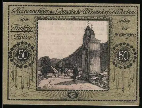 Notgeld Wösendorf 1920, 50 Heller, Dorfansicht mit Kirchturm und Bergen