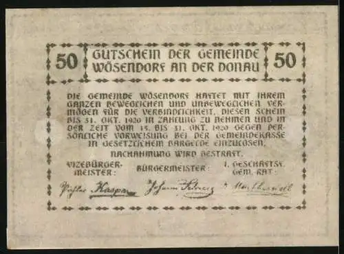 Notgeld Wösendorf 1920, 50 Heller, Dorfansicht mit Kirchturm und Bergen