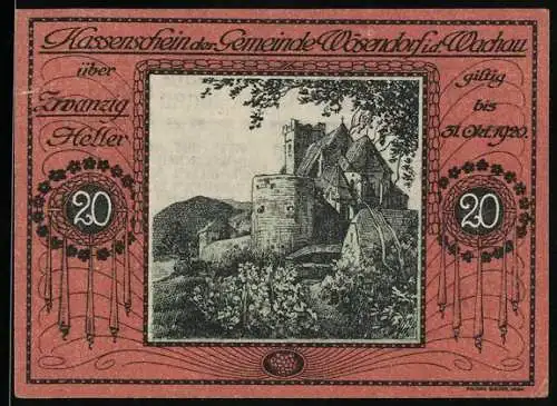 Notgeld Wösendorf 1920, 20 Heller, Burgansicht und florale Umrahmung