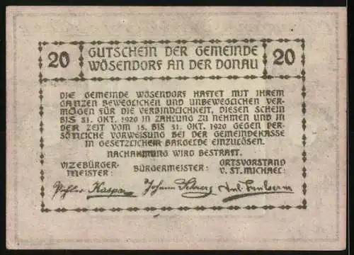 Notgeld Wösendorf 1920, 20 Heller, Burgansicht und florale Umrahmung