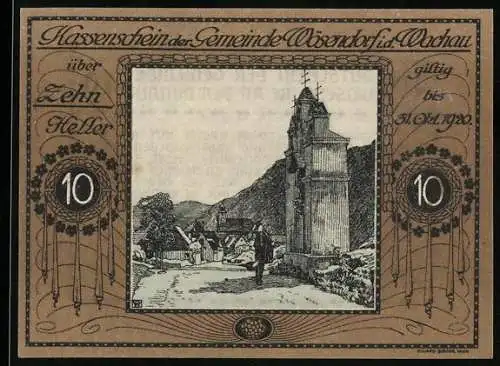 Notgeld Wösendorf in der Wachau 1920, 10 Heller, Kirchturm und Dorfansicht