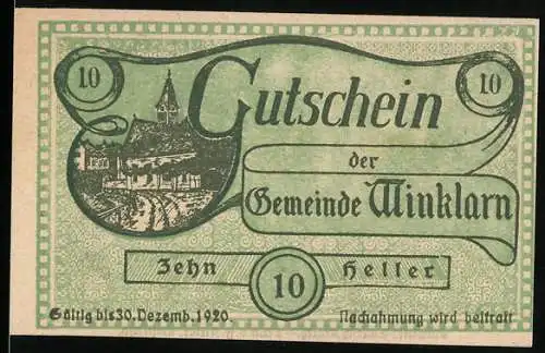 Notgeld Winklarn 1920, 10 Heller, Ortsansicht und Schriftzug Gutschein der Gemeinde Winklarn