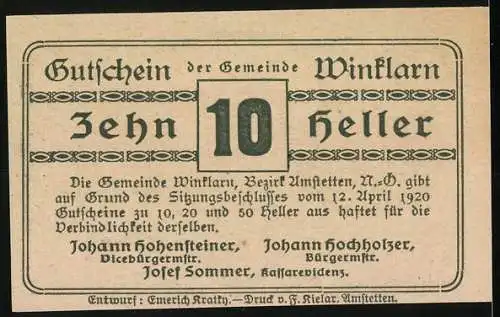 Notgeld Winklarn 1920, 10 Heller, Ortsansicht und Schriftzug Gutschein der Gemeinde Winklarn