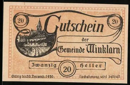 Notgeld Winklarn 1920, 20 Heller, Dorfansicht und Schriftzug Gutschein der Gemeinde Winklarn