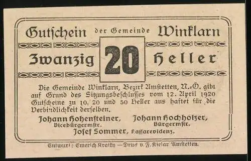 Notgeld Winklarn 1920, 20 Heller, Dorfansicht und Schriftzug Gutschein der Gemeinde Winklarn