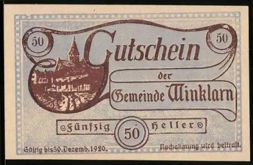 Notgeld Winklarn 1920, 50 Heller, Landschaftsmotiv und Text über Gültigkeit