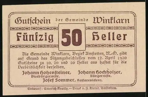 Notgeld Winklarn 1920, 50 Heller, Landschaftsmotiv und Text über Gültigkeit