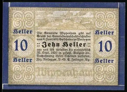 Notgeld Wippenham 1920, 10 Heller, Pflügender Bauer mit Pferden auf dem Ackerfeld