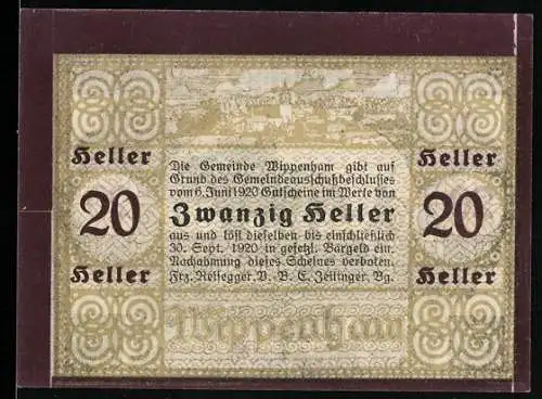 Notgeld Wippenham 1920, 20 Heller, Pflügender Bauer mit Pferden und Dorflandschaft