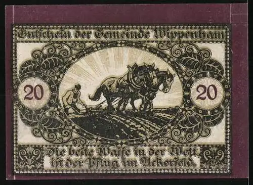 Notgeld Wippenham 1920, 20 Heller, Pflügender Bauer mit Pferden und Dorflandschaft