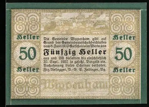 Notgeld Wippenham 1920, 50 Heller, Pflügender Bauer mit Pferden vor Sonnenaufgang