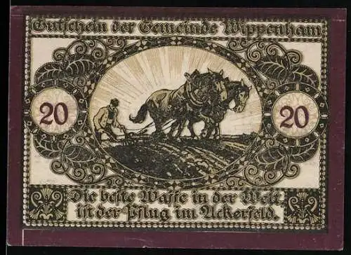 Notgeld Wippenham 1920, 20 Heller, Bauer mit Pflug und Pferden vor aufgehender Sonne