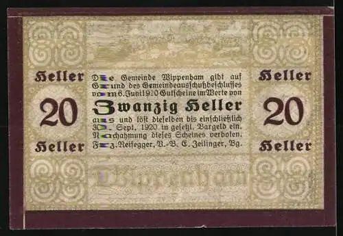 Notgeld Wippenham 1920, 20 Heller, Bauer mit Pflug und Pferden vor aufgehender Sonne