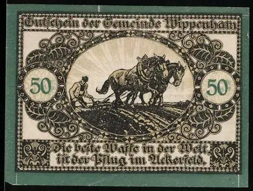 Notgeld Wippenham 1920, 50 Heller, Bauer mit Pflug und Pferden im Ackerfeld