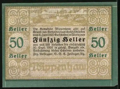 Notgeld Wippenham 1920, 50 Heller, Bauer mit Pflug und Pferden im Ackerfeld