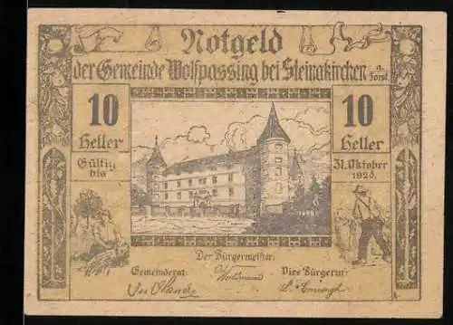 Notgeld Wolfpassing 1920, 10 Heller, Schlossansicht und ländliche Szenen