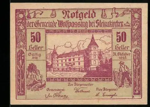 Notgeld Wolfpassing 1920, 50 Heller, Schlossansicht mit Bauer und Landarbeiter