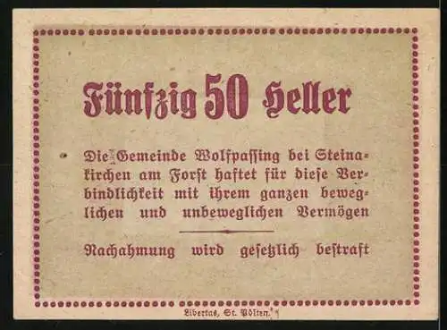 Notgeld Wolfpassing 1920, 50 Heller, Schlossansicht mit Bauer und Landarbeiter