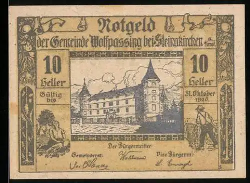 Notgeld Wolfpassing 1920, 10 Heller, Schloss und ländliche Szenen, gültig bis 31. Oktober