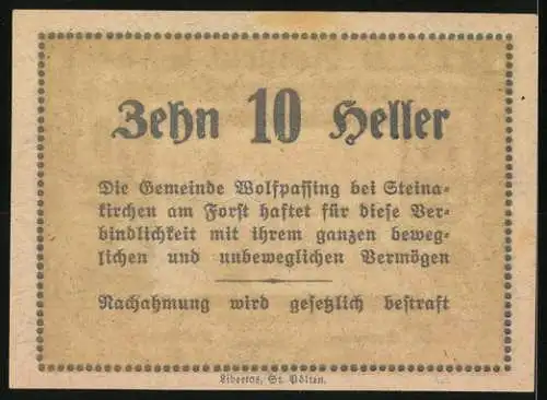 Notgeld Wolfpassing 1920, 10 Heller, Schloss und ländliche Szenen, gültig bis 31. Oktober