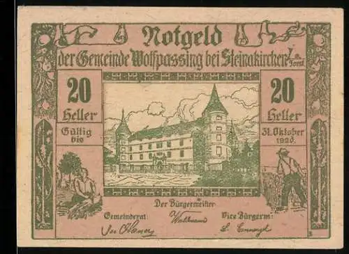 Notgeld Wolfpassing 1920, 20 Heller, Schlossansicht und ländliche Szenen, mit Gültigkeitsdatum 31. Oktober 1920