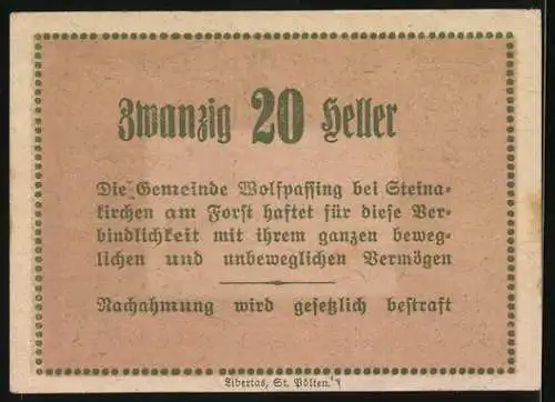 Notgeld Wolfpassing 1920, 20 Heller, Schlossansicht und ländliche Szenen, mit Gültigkeitsdatum 31. Oktober 1920