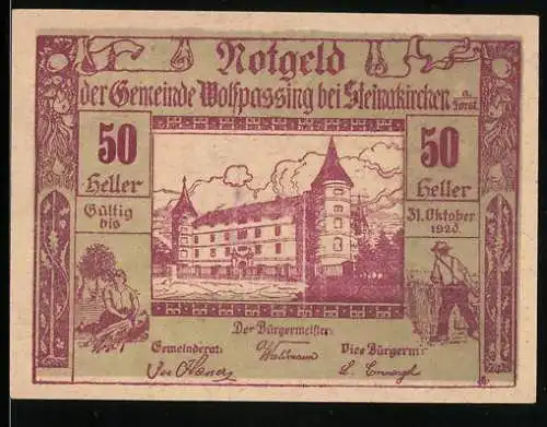 Notgeld Wolfpassing 1920, 50 Heller, Schlossansicht und landwirtschaftliche Szenen