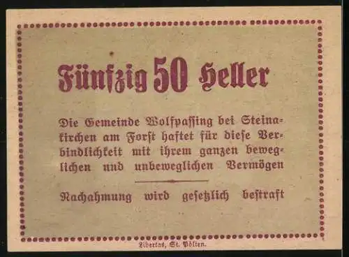 Notgeld Wolfpassing 1920, 50 Heller, Schlossansicht und landwirtschaftliche Szenen