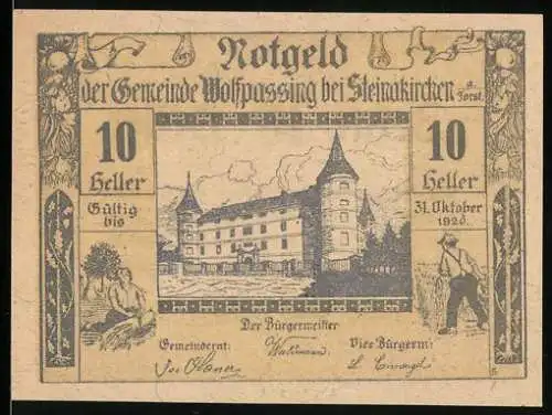 Notgeld Wolfpassing 1920, 10 Heller, Schlossansicht und ländliche Szenen