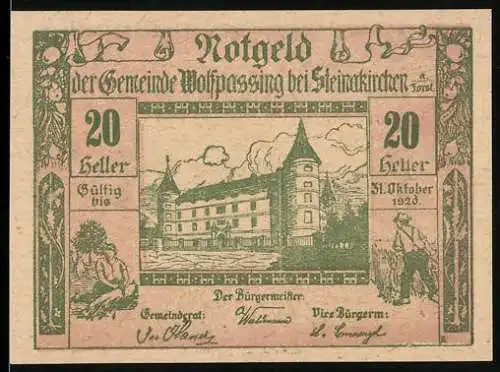 Notgeld Wolfpassing 1920, 20 Heller, Schlossansicht mit Bauern und Flora-Motiven