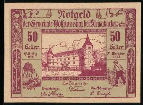 Notgeld Wolfpassing 1920, 50 Heller, Schlossansicht und bäuerliche Szenen