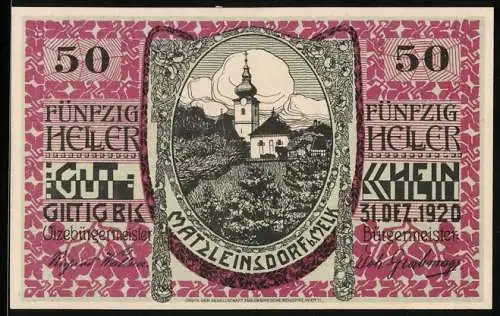 Notgeld Matzleinsdorf 1920, 50 Heller, Kirche und Landschaftsmotiv