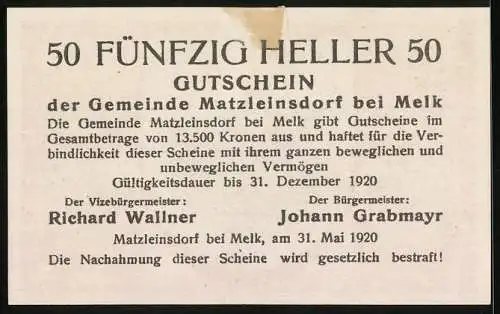 Notgeld Matzleinsdorf 1920, 50 Heller, Kirche und Landschaftsmotiv