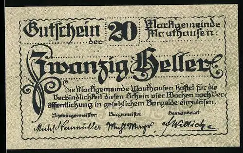 Notgeld Mauthausen, 20 Heller, Ortsansicht mit Kirche und Landschaft, Mauthausen 1649