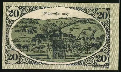 Notgeld Mauthausen, 20 Heller, Ortsansicht mit Kirche und Landschaft, Mauthausen 1649