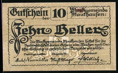 Notgeld Mauthausen, 10 Heller, Stadtansicht von Mauthausen 1649, umlaufendes Ornamentmuster