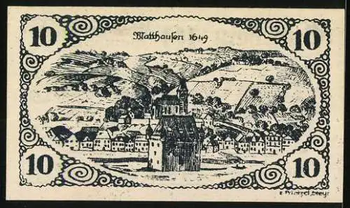 Notgeld Mauthausen, 10 Heller, Stadtansicht von Mauthausen 1649, umlaufendes Ornamentmuster