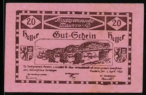 Notgeld Mautern 1920, 20 Heller, Brücke und Stadtwappen, gültig bis 31. Dezember 1920