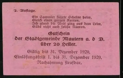 Notgeld Mautern 1920, 20 Heller, Brücke und Stadtwappen, gültig bis 31. Dezember 1920